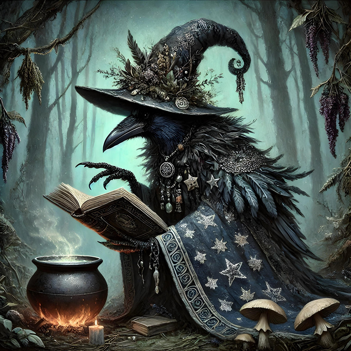 Crow Witch Gothic Art Print: Vintage Raven Sorcerer (Digital Download)