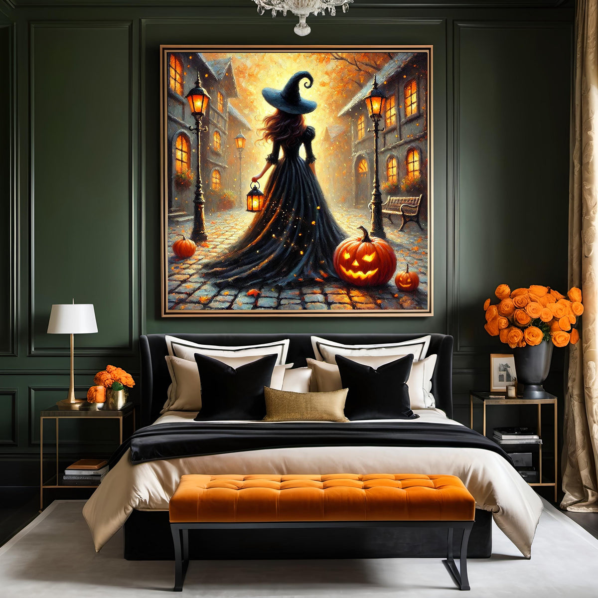 Whimsical Witch Halloween Art Print: Cozy Autumn Street Scene (Digital Download)