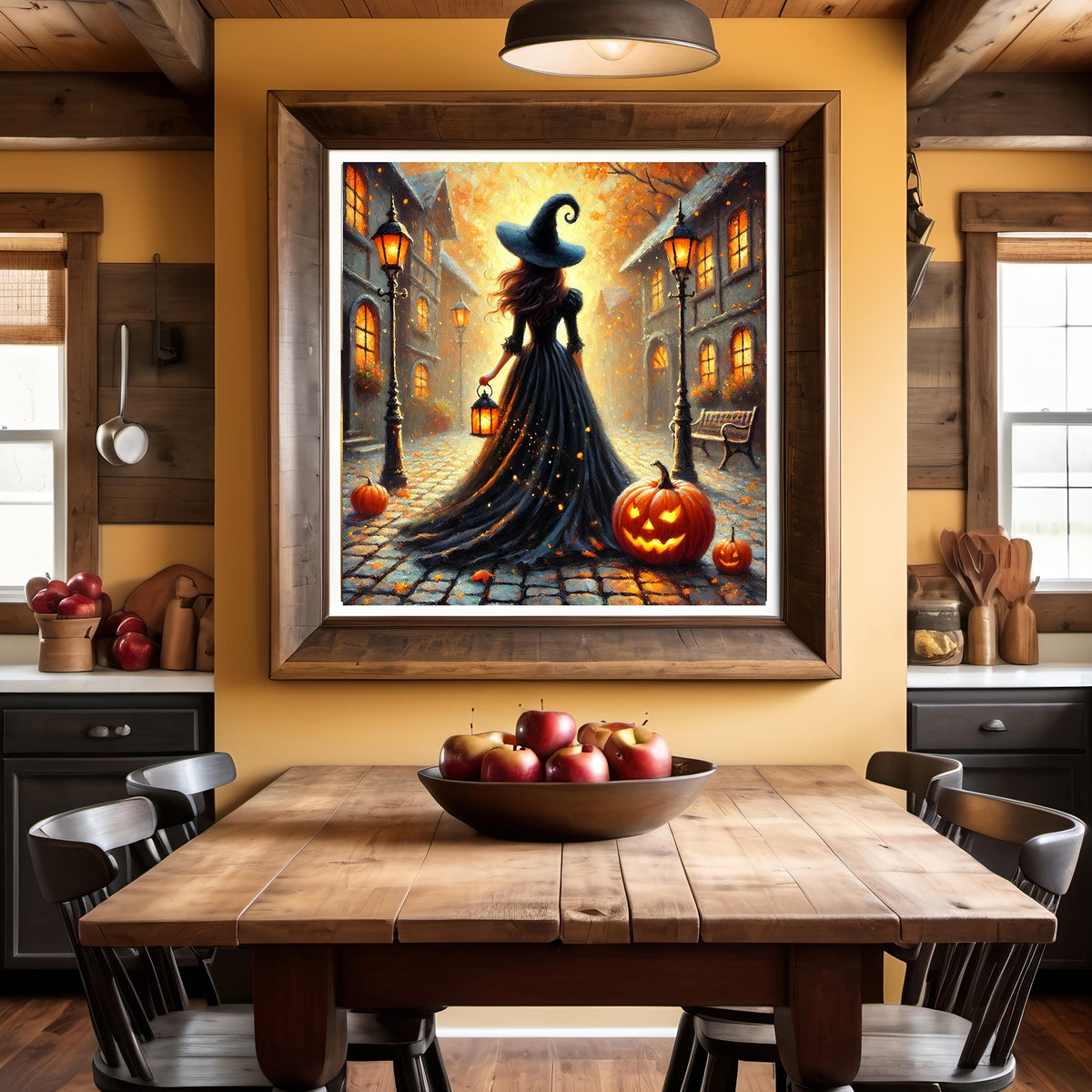 Whimsical Witch Halloween Art Print: Cozy Autumn Street Scene (Digital Download)