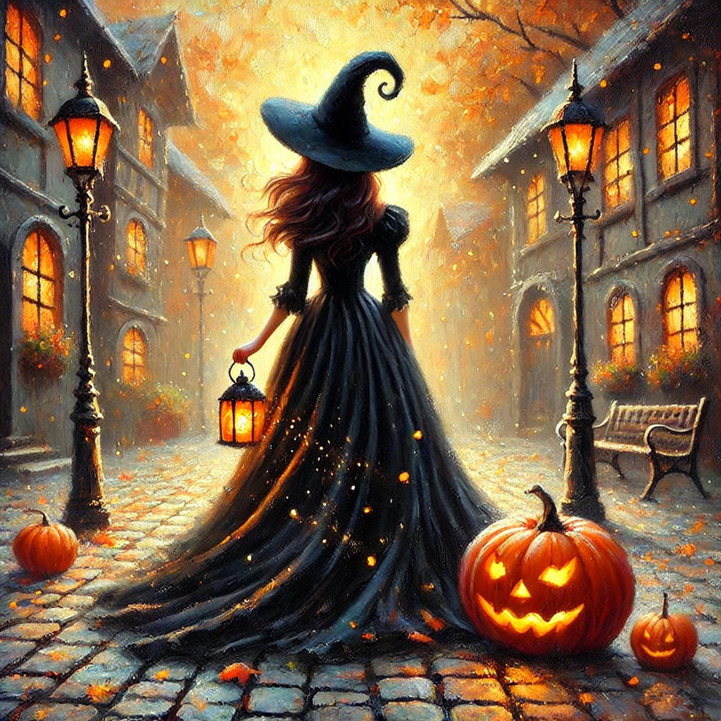 Whimsical Witch Halloween Art Print: Cozy Autumn Street Scene (Digital Download)