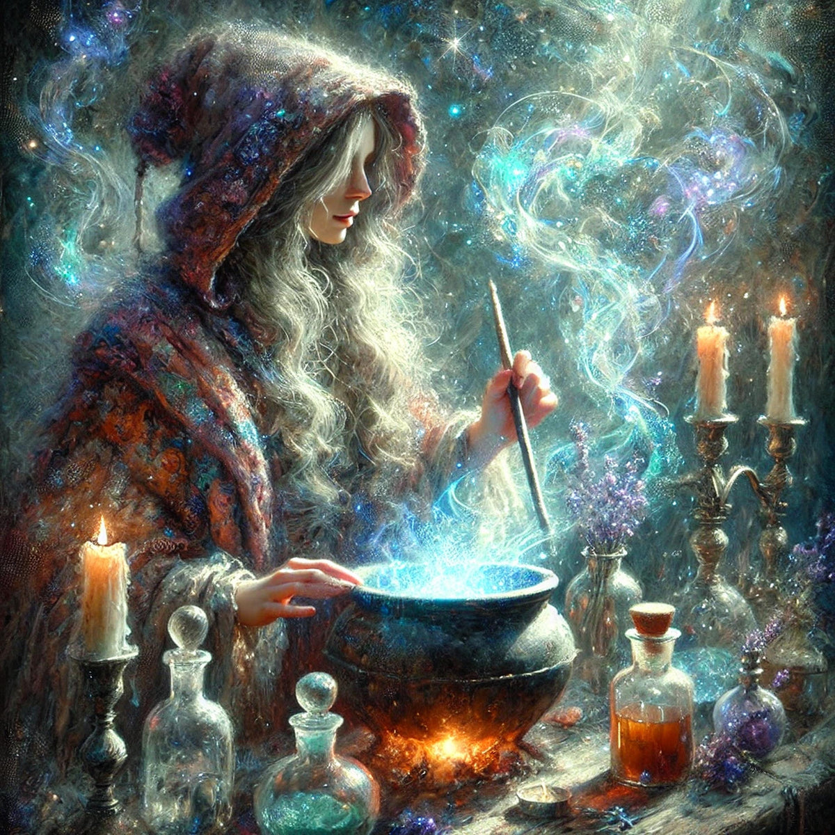 Witch Cauldron Art Print: Mystical Potion, Starry Night (Digital Download)