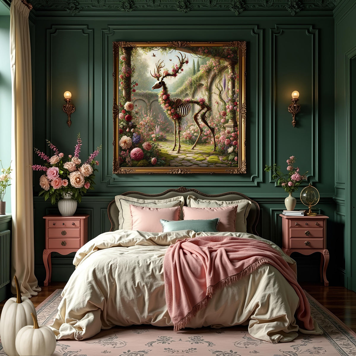 Gothic Skeleton Deer Print: Enchanted Floral Garden, Halloween Decor (Digital Download)