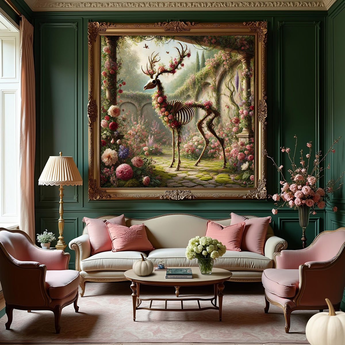 Gothic Skeleton Deer Print: Enchanted Floral Garden, Halloween Decor (Digital Download)