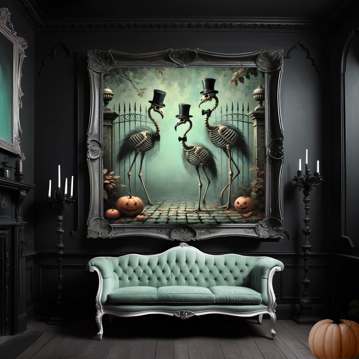 Skeleton Flamingo Gothic Halloween Art: Spooky Bird Print (Digital Download)