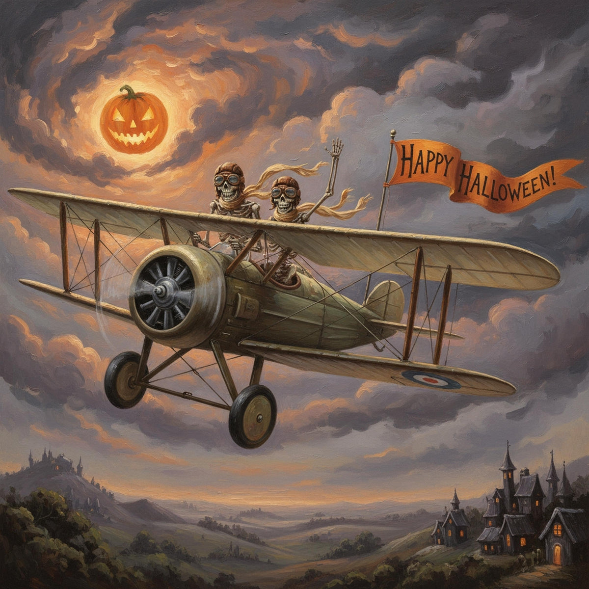 Skeleton Aviator Print: Vintage Halloween Airplane Art (Digital Download)
