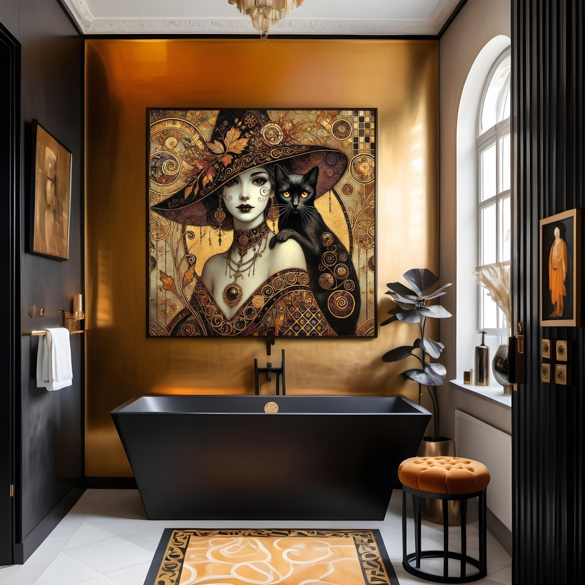 Klimt Gothic Witch and Black Cat Art Print: Vintage Halloween Decor (Digital Download)