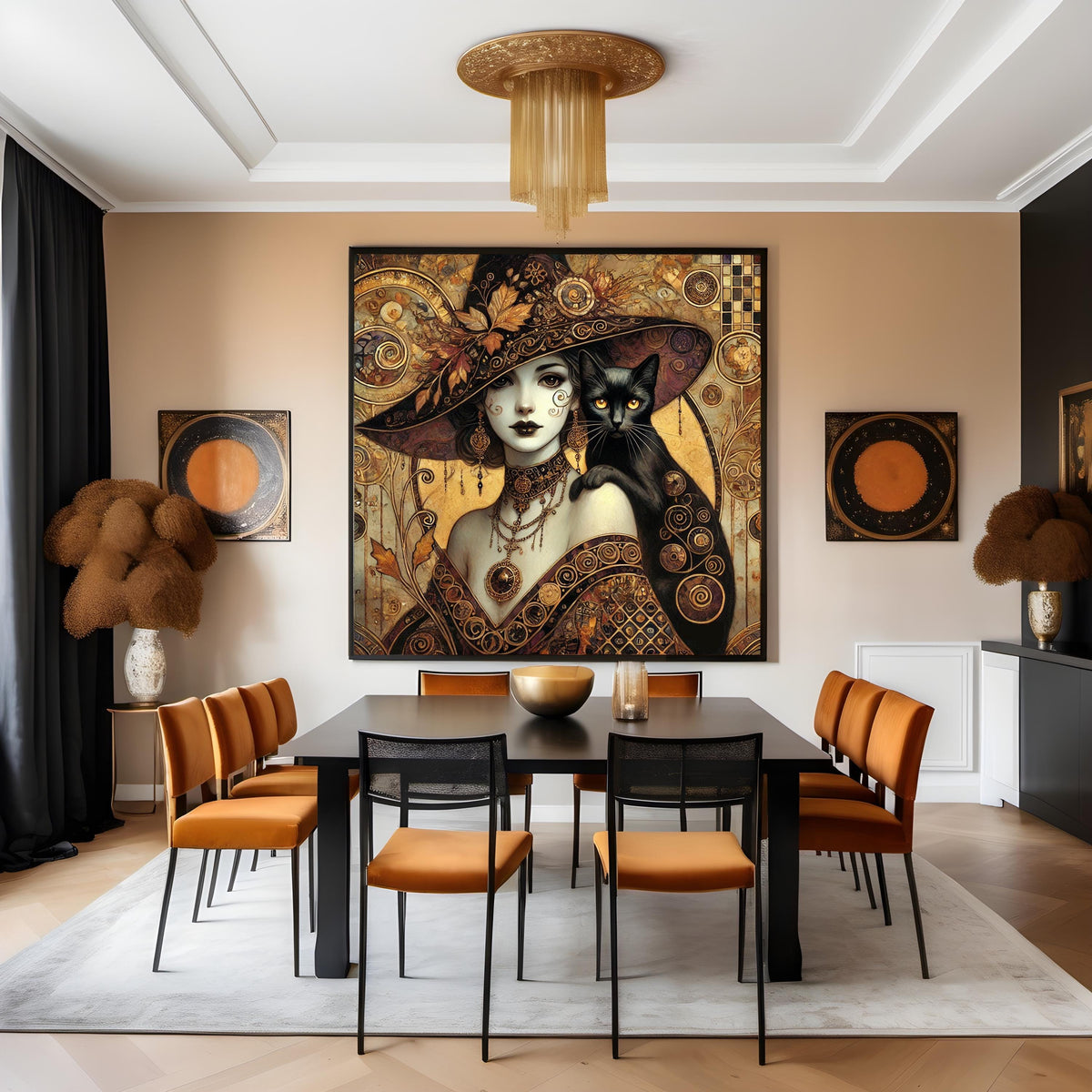 Klimt Gothic Witch and Black Cat Art Print: Vintage Halloween Decor (Digital Download)