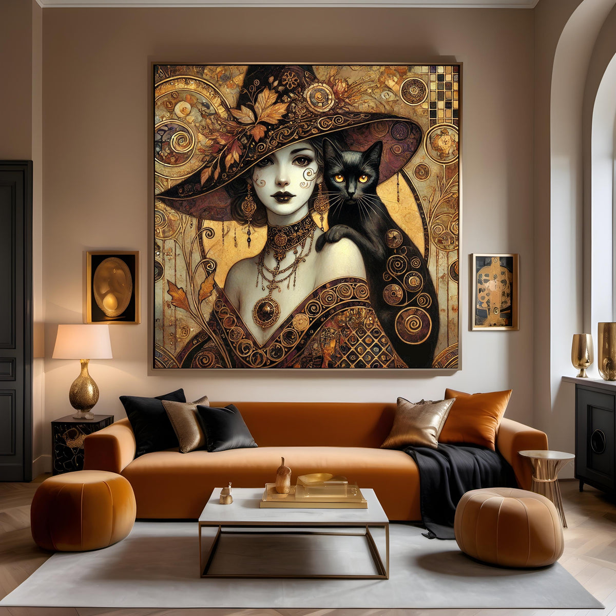 Klimt Gothic Witch and Black Cat Art Print: Vintage Halloween Decor (Digital Download)