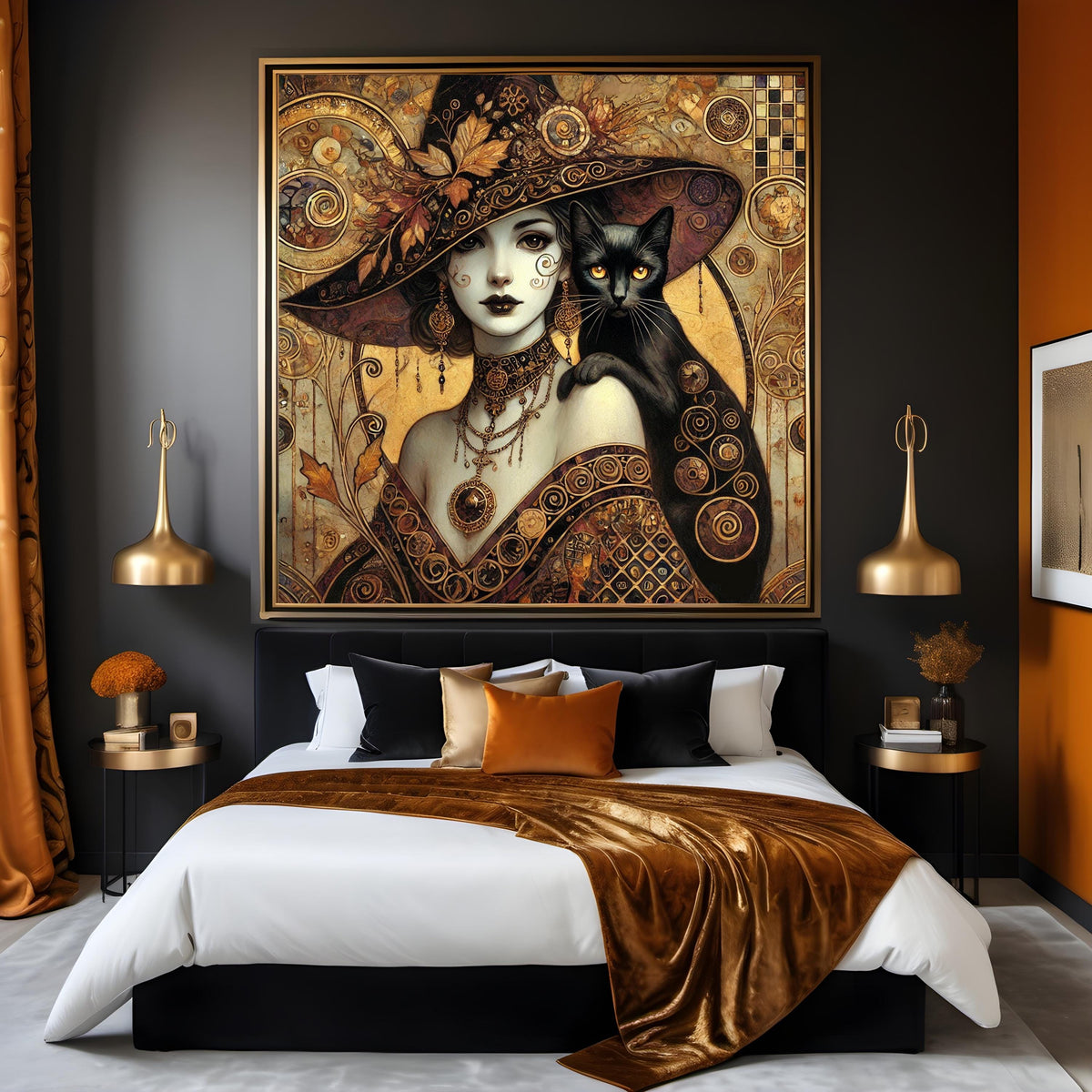 Klimt Gothic Witch and Black Cat Art Print: Vintage Halloween Decor (Digital Download)