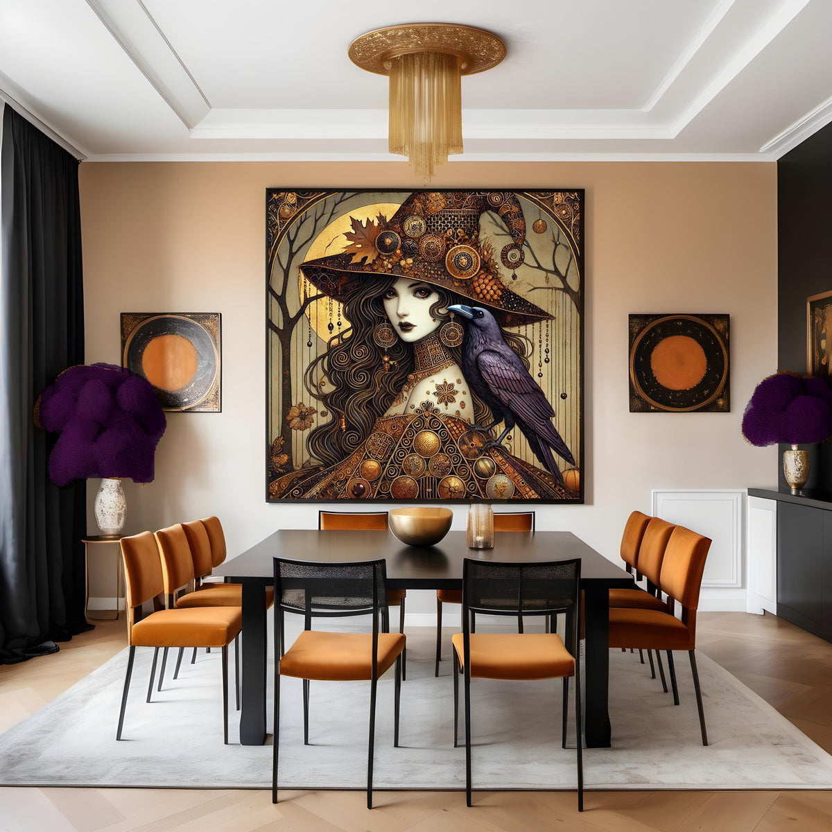 Klimt Inspired Halloween Witch Art Nouveau Print: Raven & Gold Filigree (Digital Download)