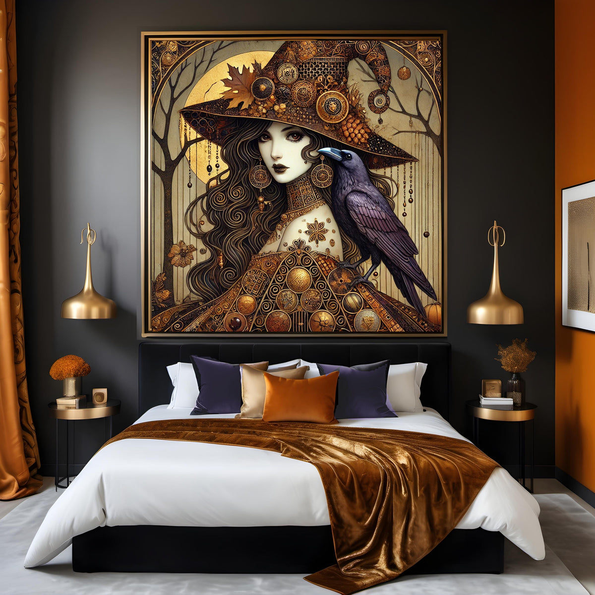 Klimt Inspired Halloween Witch Art Nouveau Print: Raven & Gold Filigree (Digital Download)
