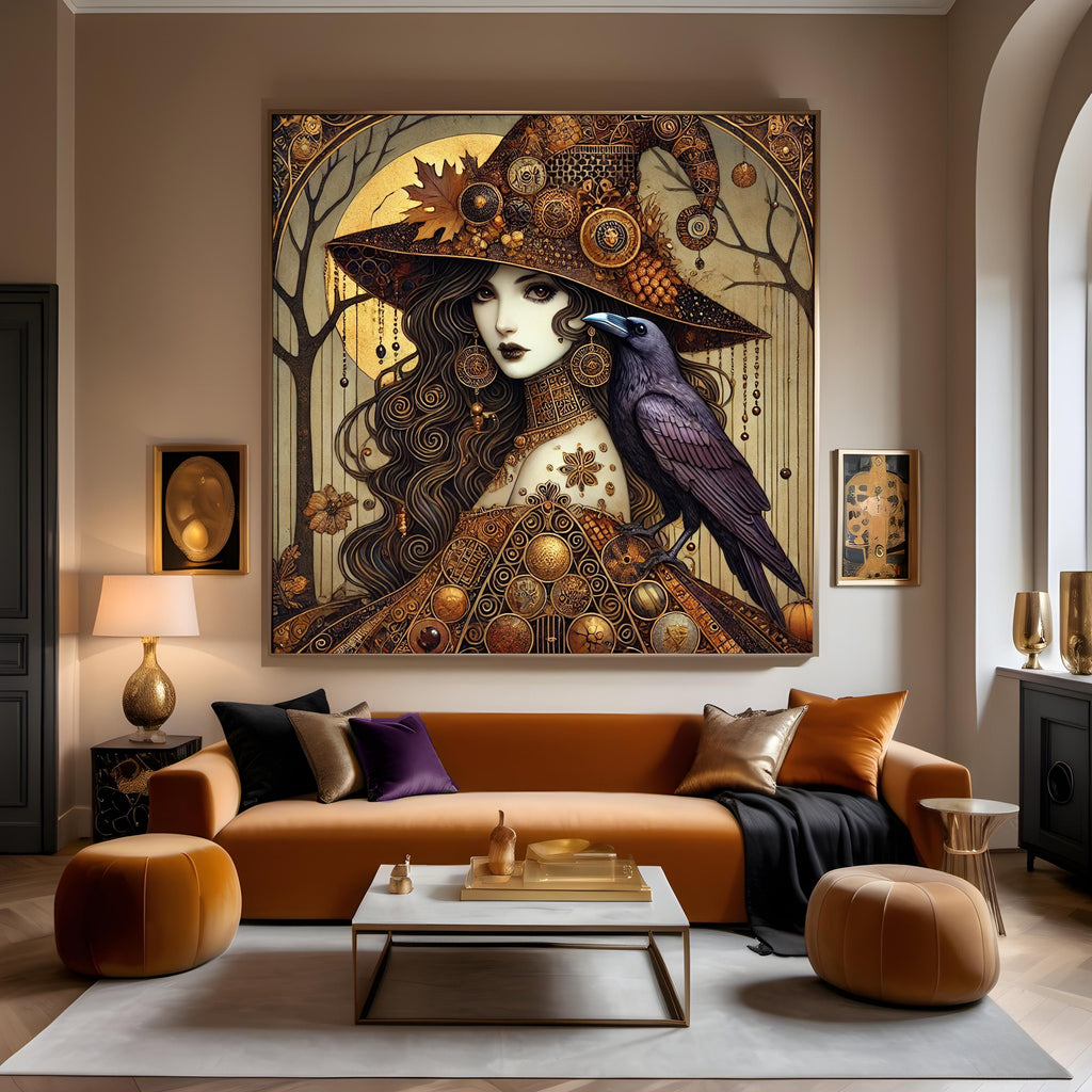 Klimt Inspired Halloween Witch Art Nouveau Print: Raven & Gold Filigree (Digital Download)