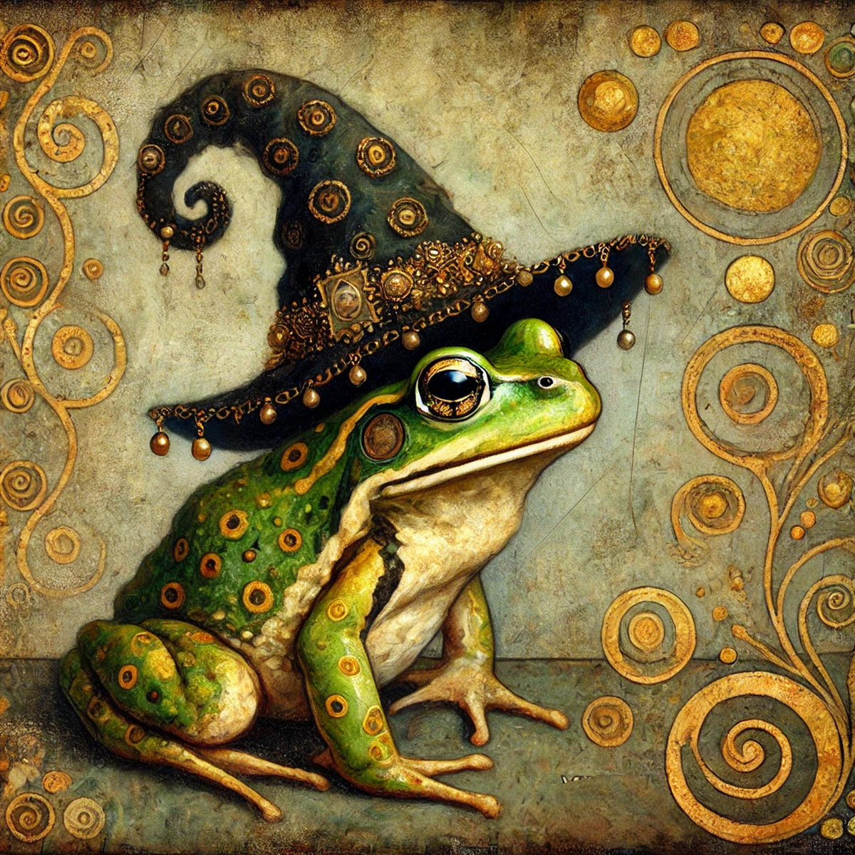 Klimt Frog Witch Art Nouveau Print: Beaded Hat Halloween Decor (Digital Download)