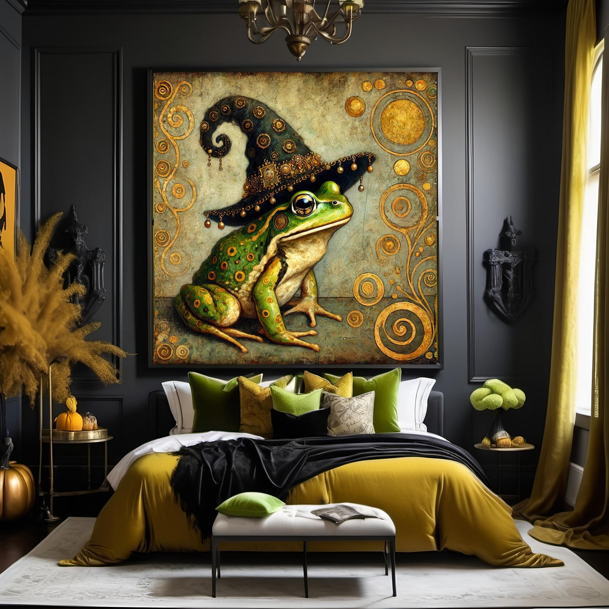 Klimt Frog Witch Art Nouveau Print: Beaded Hat Halloween Decor (Digital Download)