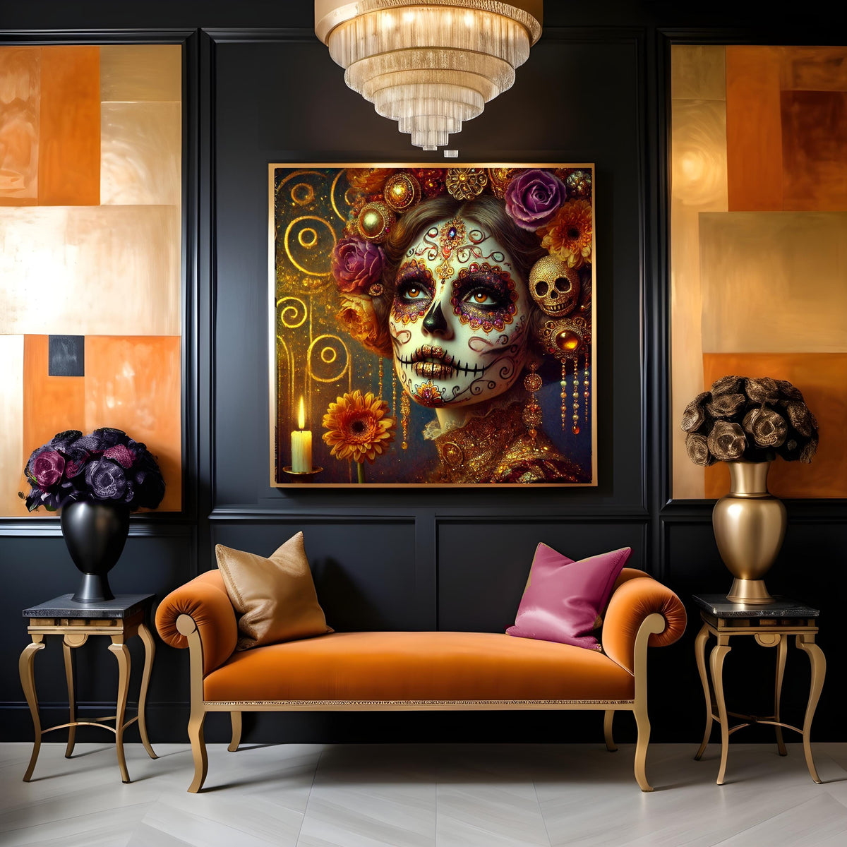 Klimt-Inspired Sugar Skull Art: Gold Floral Dia de los Muertos (Digital Download)