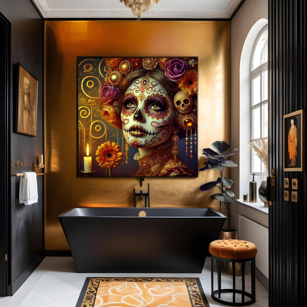 Klimt-Inspired Sugar Skull Art: Gold Floral Dia de los Muertos (Digital Download)