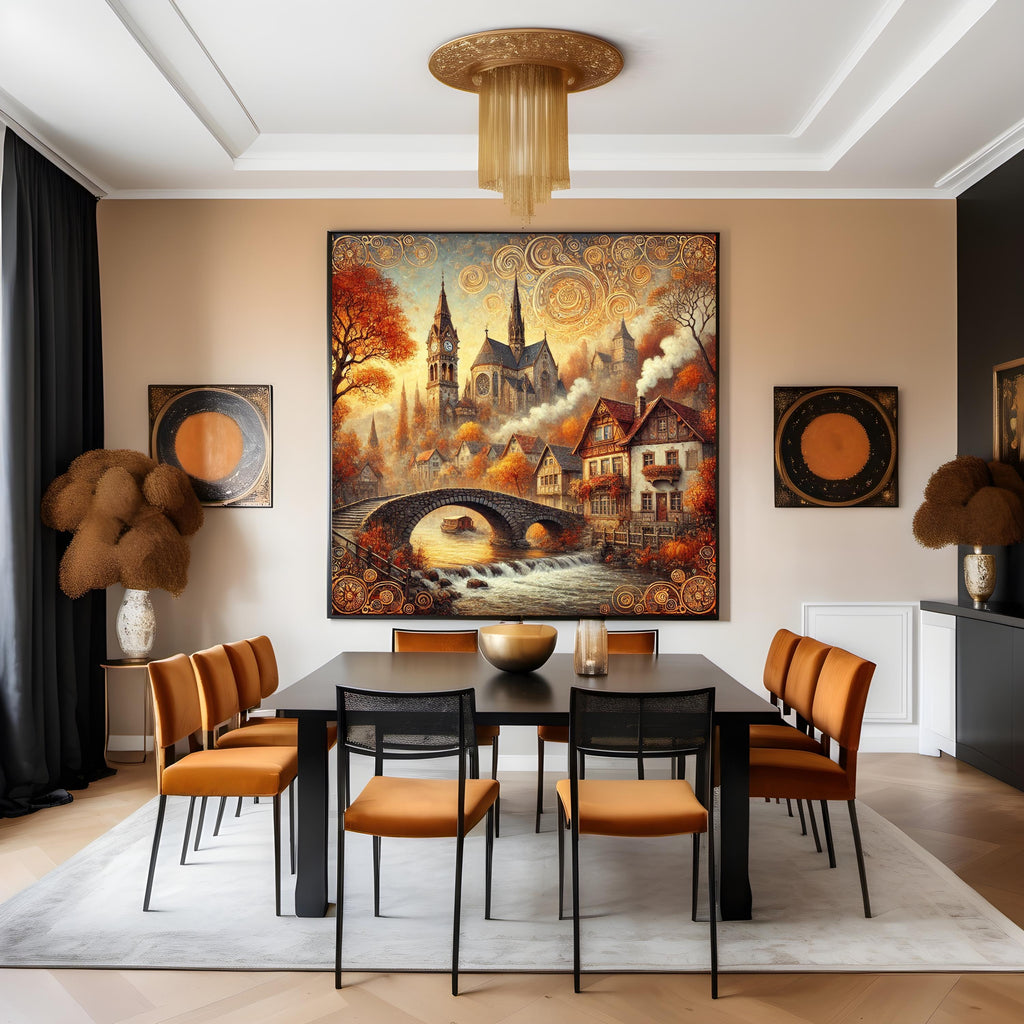 Klimt Inspired Autumn Village Art Nouveau Print: Golden River Scene (Digital Download)