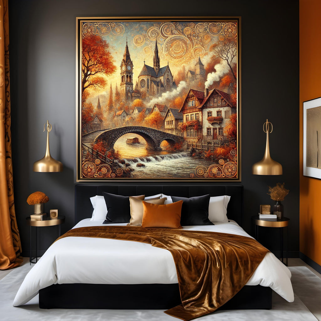 Klimt Inspired Autumn Village Art Nouveau Print: Golden River Scene (Digital Download)