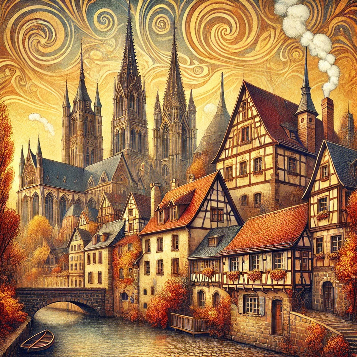 Klimt Inspired Autumn Village Print: Art Nouveau Cathedral (Digital Download)