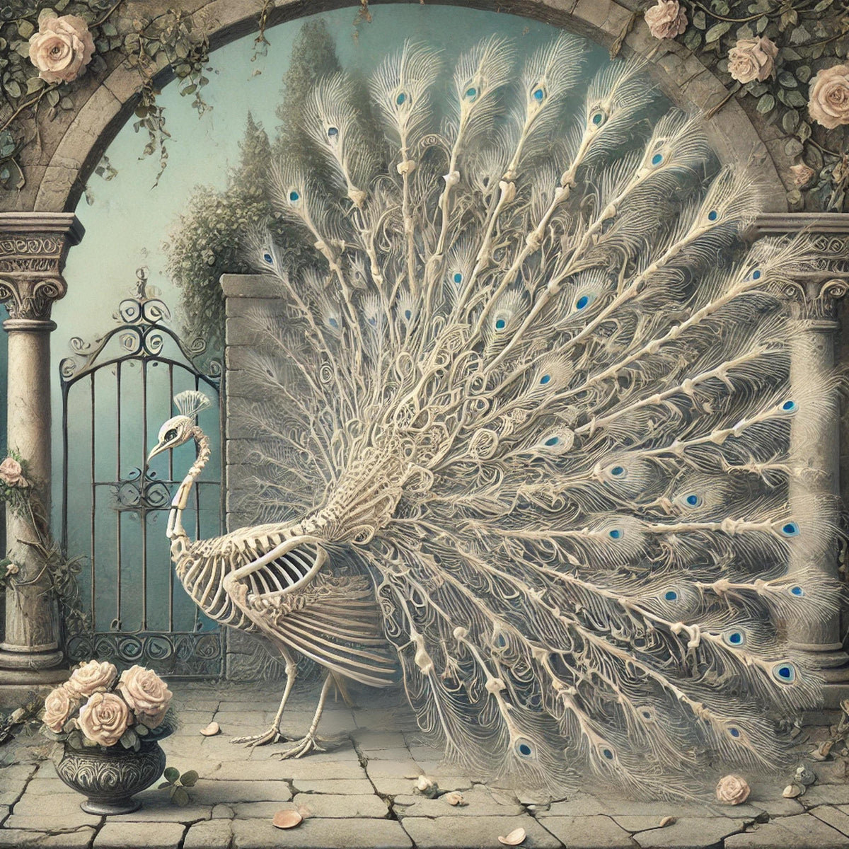 Skeleton Peacock Art Print: Gothic Halloween Bird Decor (Digital Download)
