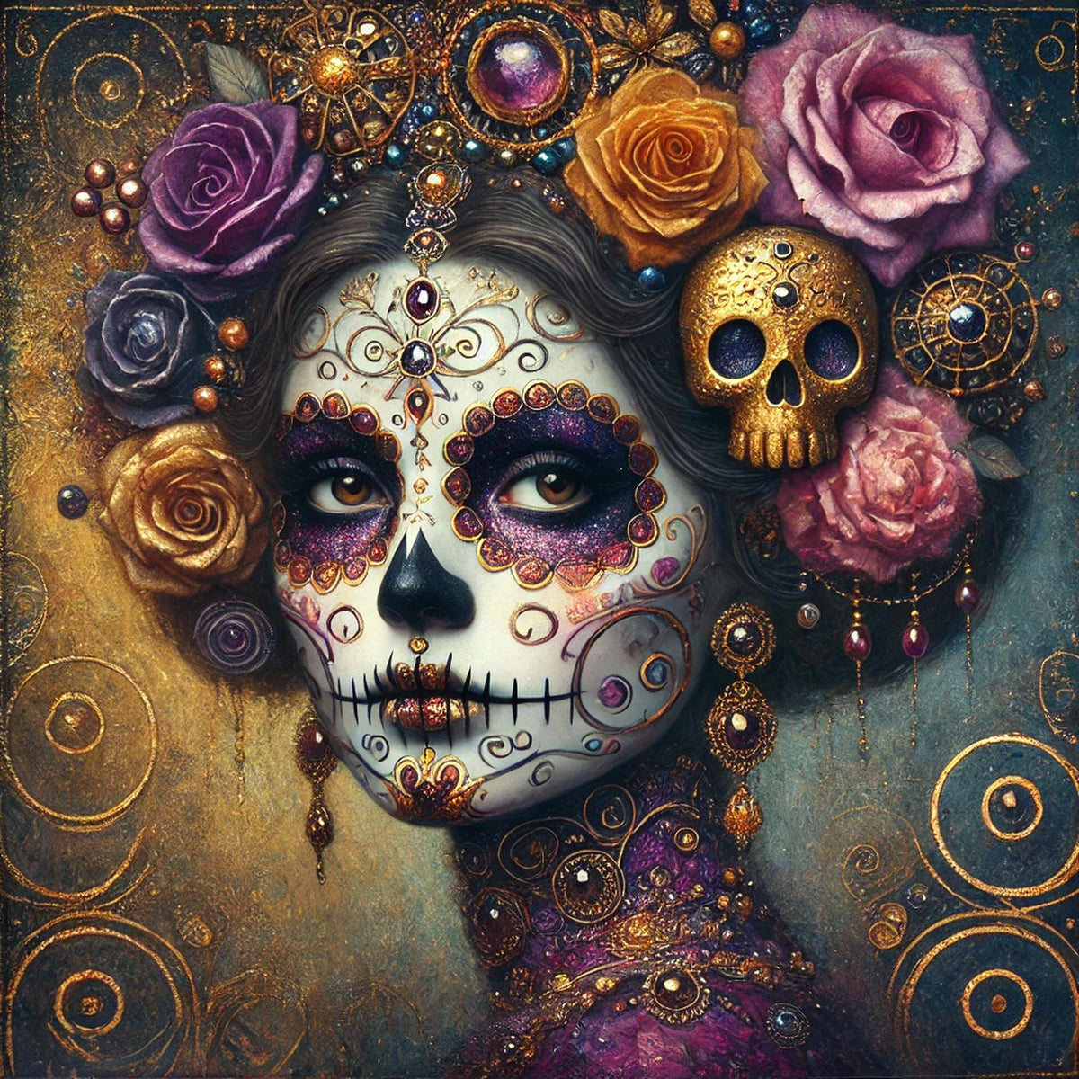Klimt Sugar Skull Woman Art | Gothic Día de los Muertos Portrait (Digital Download)