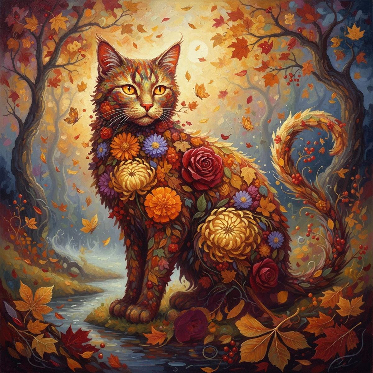 Autumn Floral Cat Print: Vintage Botanical Fall Animal Art (Digital Download)