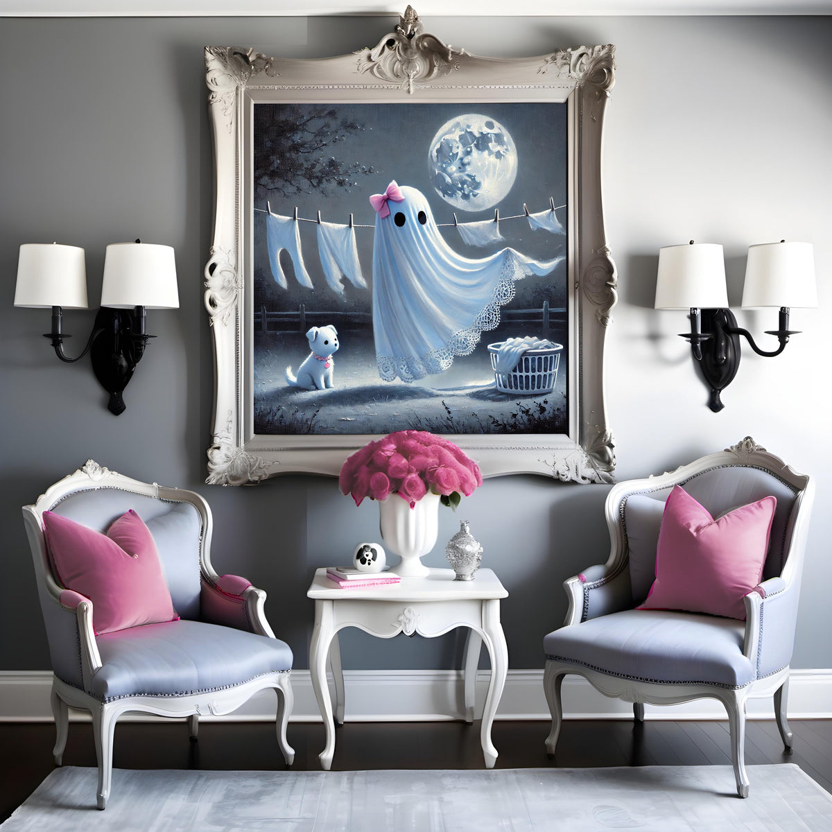 Coral the Ghost Hangling Laundry Halloween Moonlight Scene with Dog (Digital Download)