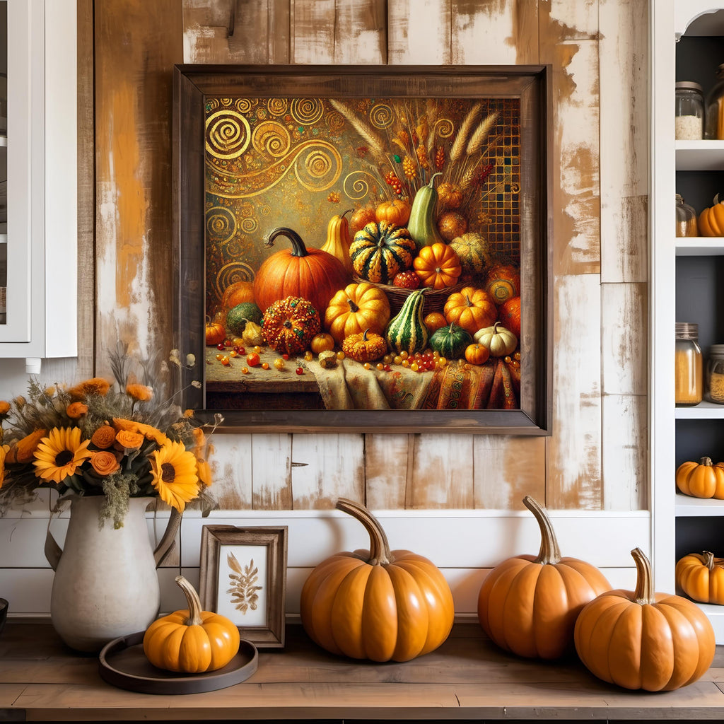 Klimt Inspired Pumpkin Print: Golden Harvest Still Life (Digital Download)