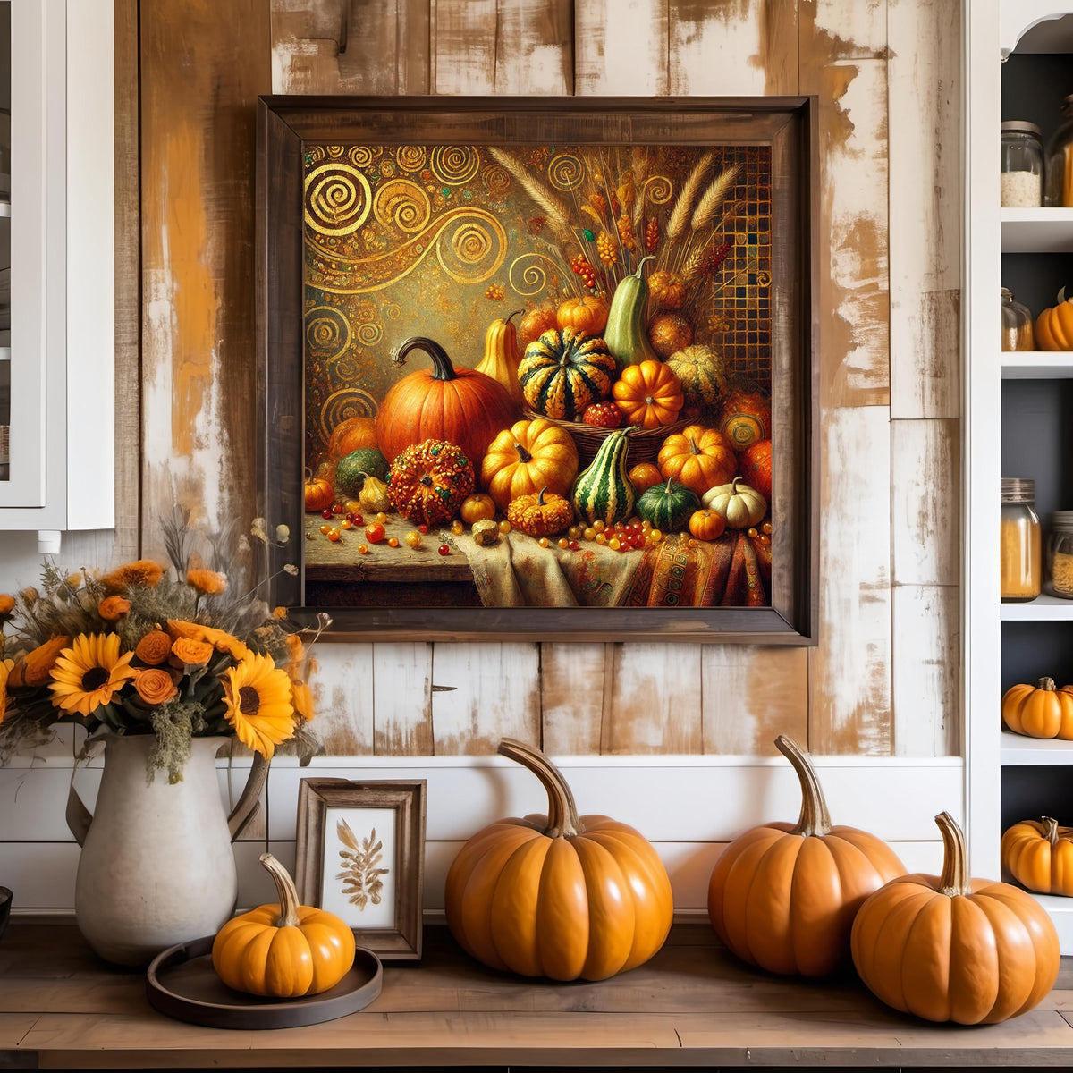Klimt Inspired Pumpkin Print: Golden Harvest Still Life (Digital Download)