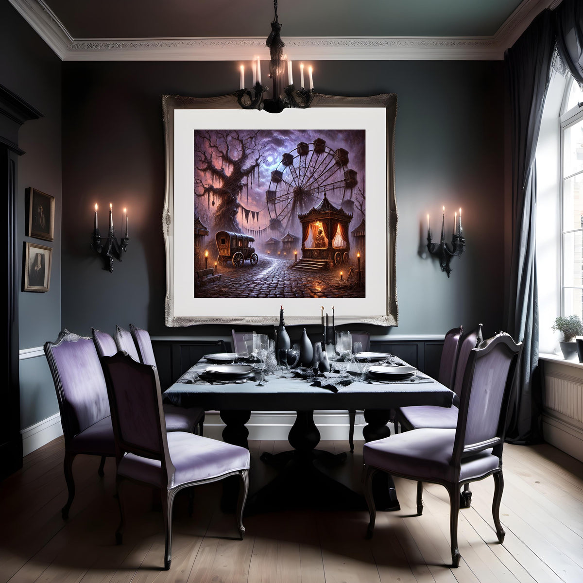 Haunted Carnival Print: Gothic Ferris Wheel, Dark Halloween Fairground (Digital Download)