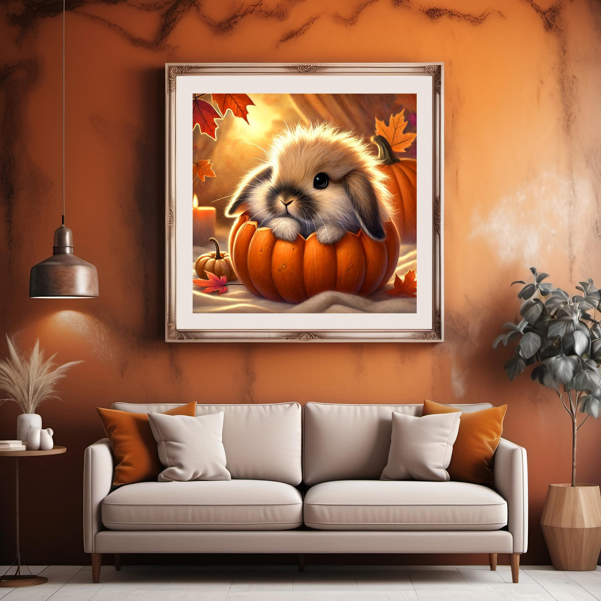 Autumn Bunny in Pumpkin Art Print: Whimsical Fall Decor (Digital Download)