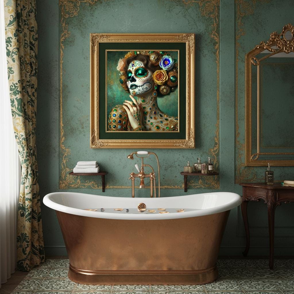 Emerald Sugar Skull Art Print: Gilded Día de los Muertos Portrait (Digital Download)