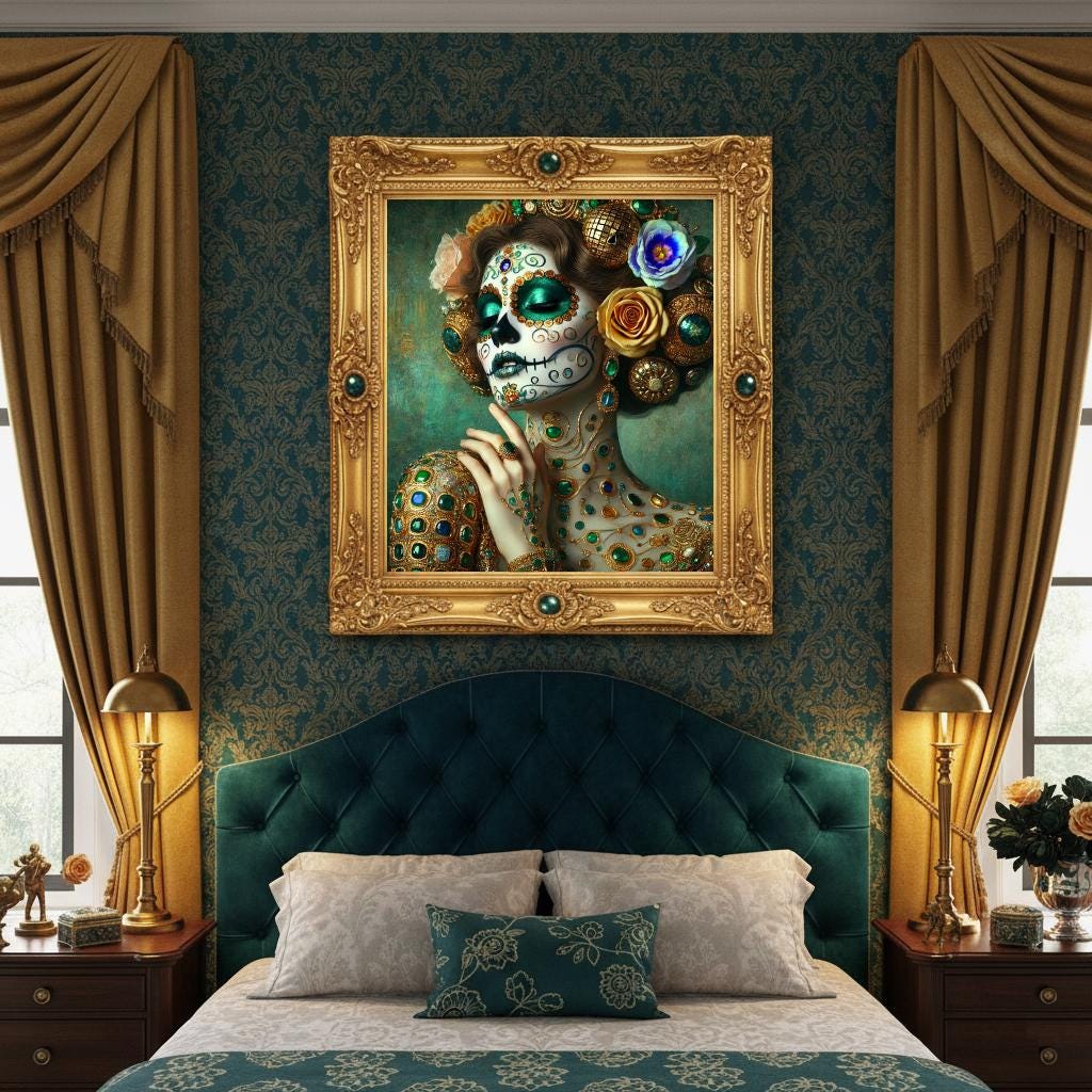 Emerald Sugar Skull Art Print: Gilded Día de los Muertos Portrait (Digital Download)