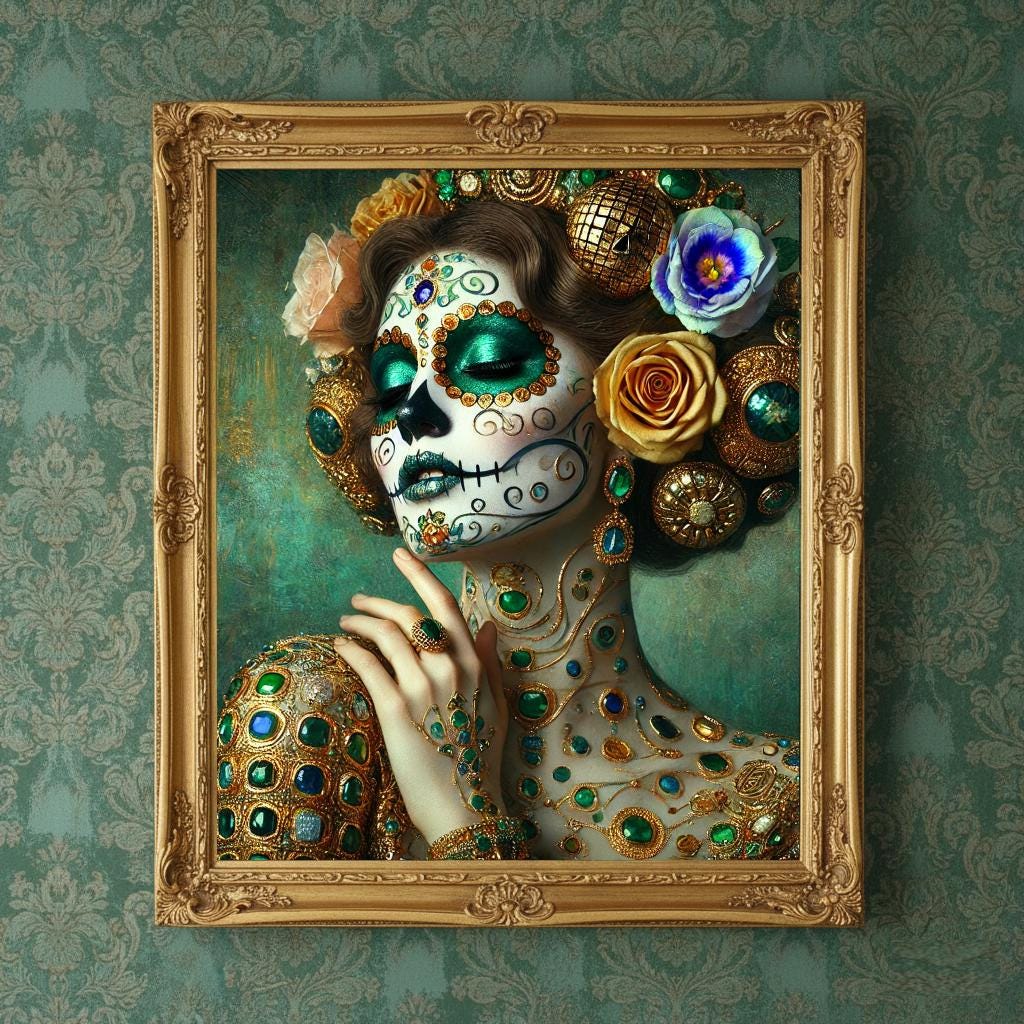 Emerald Sugar Skull Art Print: Gilded Día de los Muertos Portrait (Digital Download)