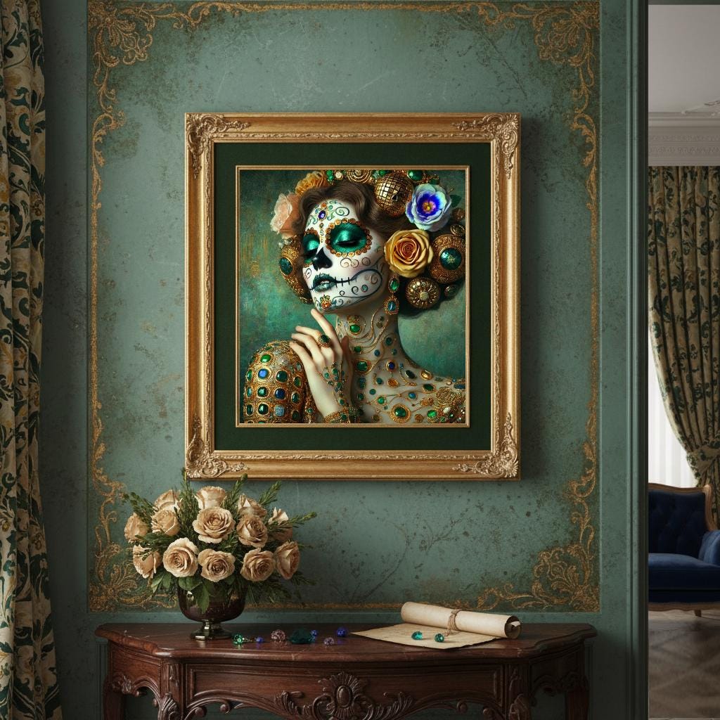 Emerald Sugar Skull Art Print: Gilded Día de los Muertos Portrait (Digital Download)