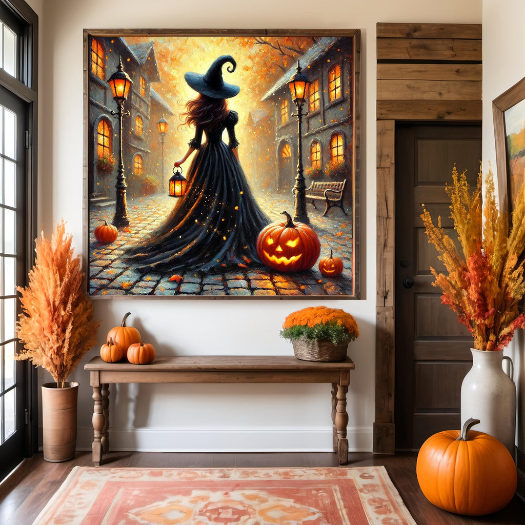 Whimsical Witch Halloween Art Print: Cozy Autumn Street Scene (Digital Download)