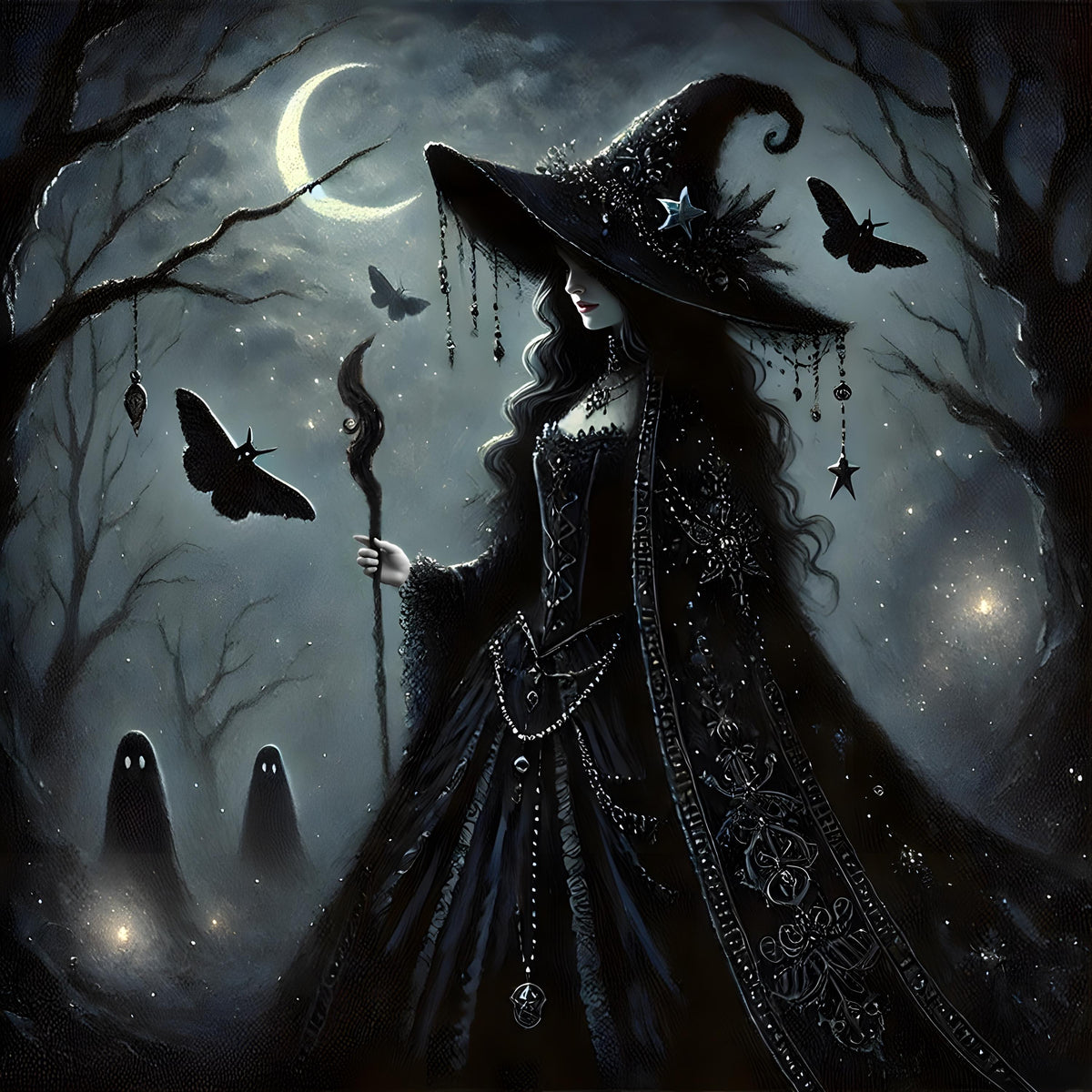 New Moon Witch Gothic Art Print: Dark Fantasy Witchcore Decor (Digital Download)