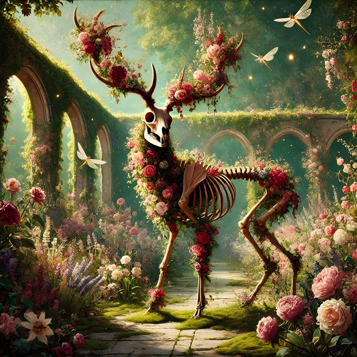 Gothic Skeleton Deer Floral Print: Vintage Fantasy Wall Art (Digital Download)
