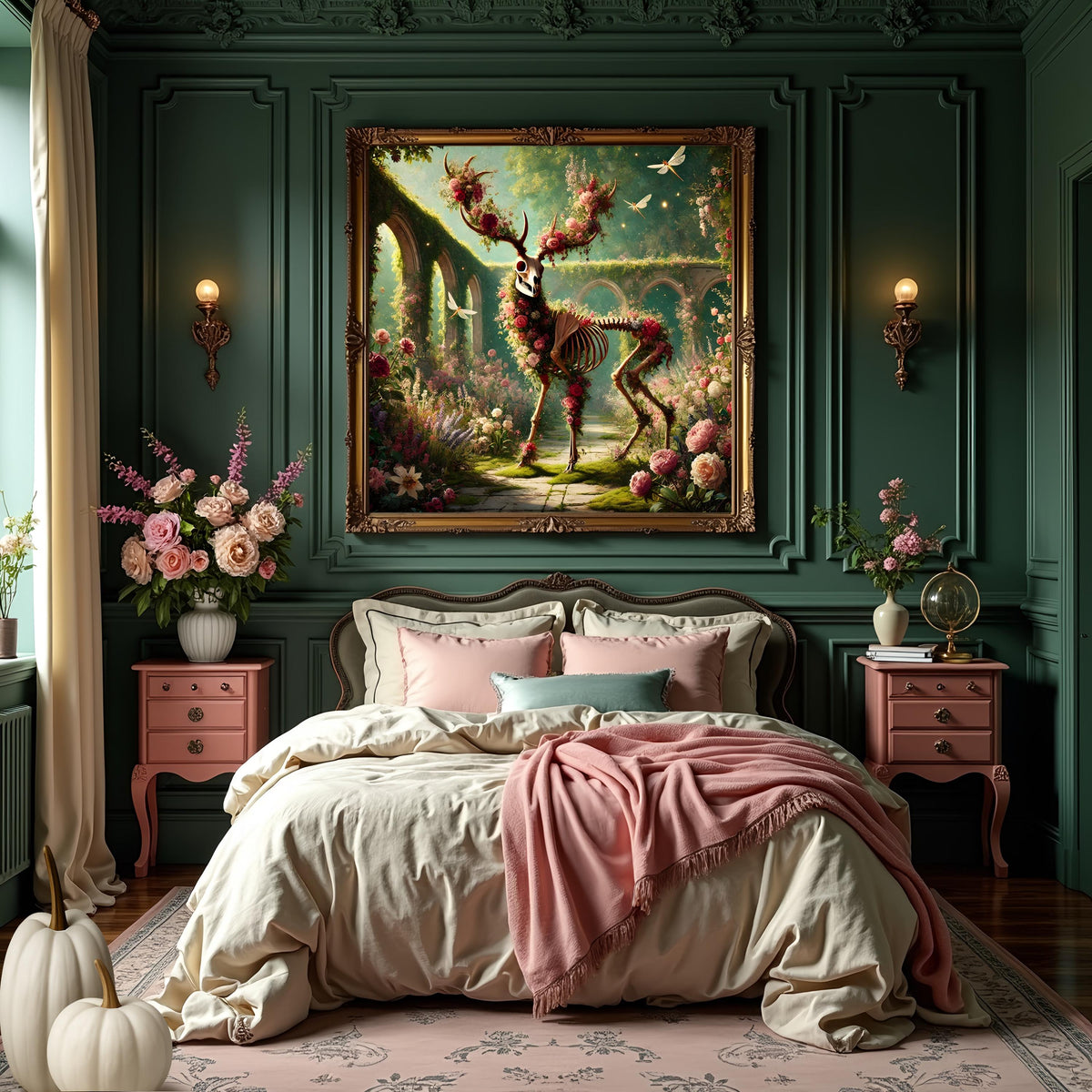 Gothic Skeleton Deer Floral Print: Vintage Fantasy Wall Art (Digital Download)