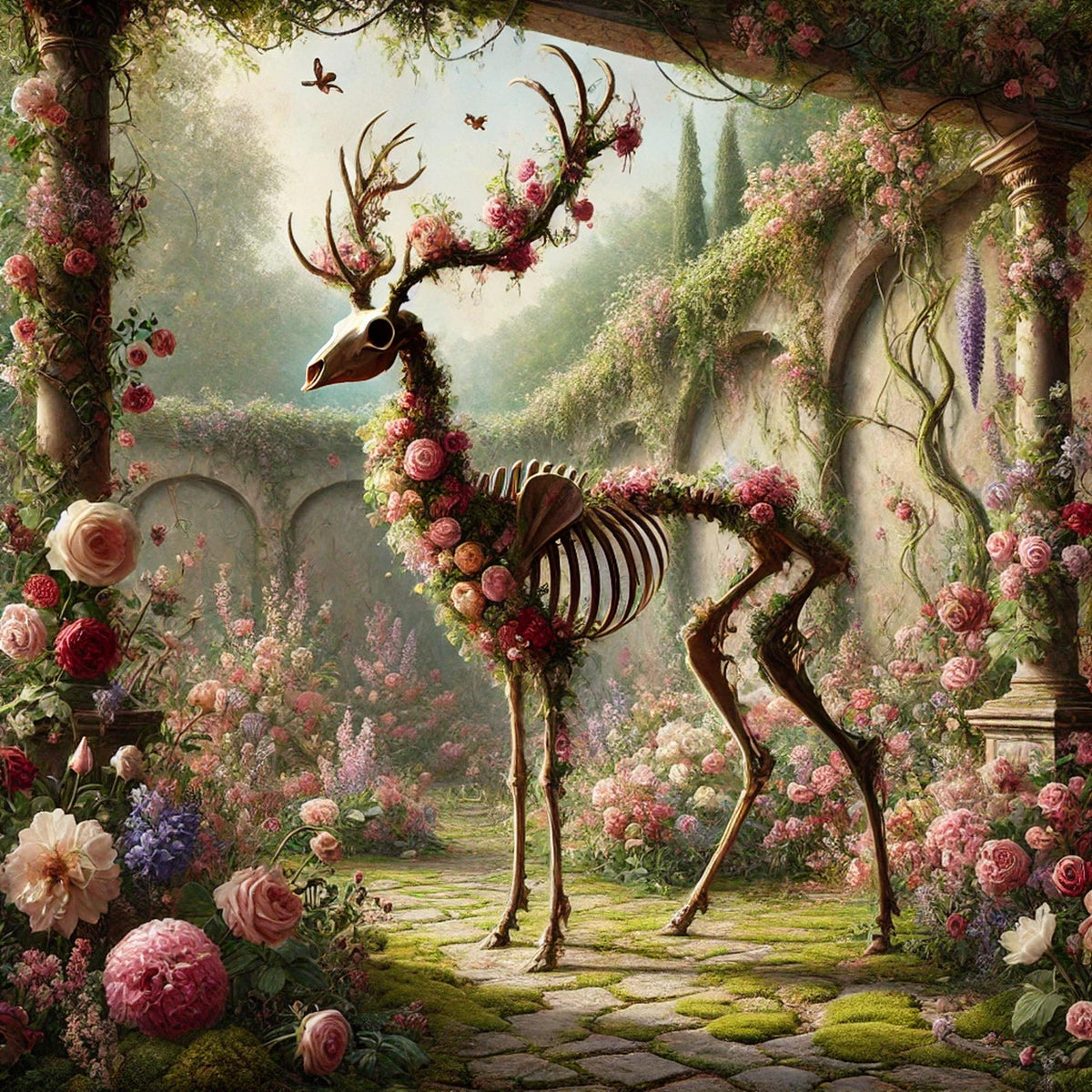 Gothic Skeleton Deer Print: Enchanted Floral Garden, Halloween Decor (Digital Download)
