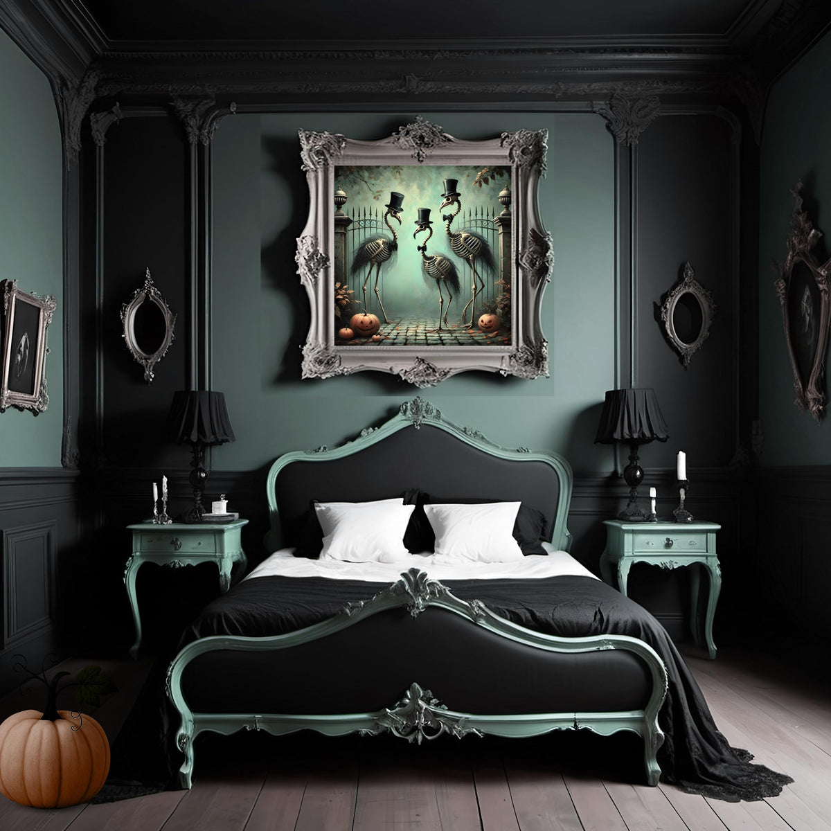 Skeleton Flamingo Gothic Halloween Art: Spooky Bird Print (Digital Download)