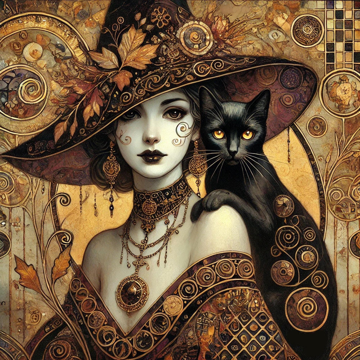 Klimt Gothic Witch and Black Cat Art Print: Vintage Halloween Decor (Digital Download)