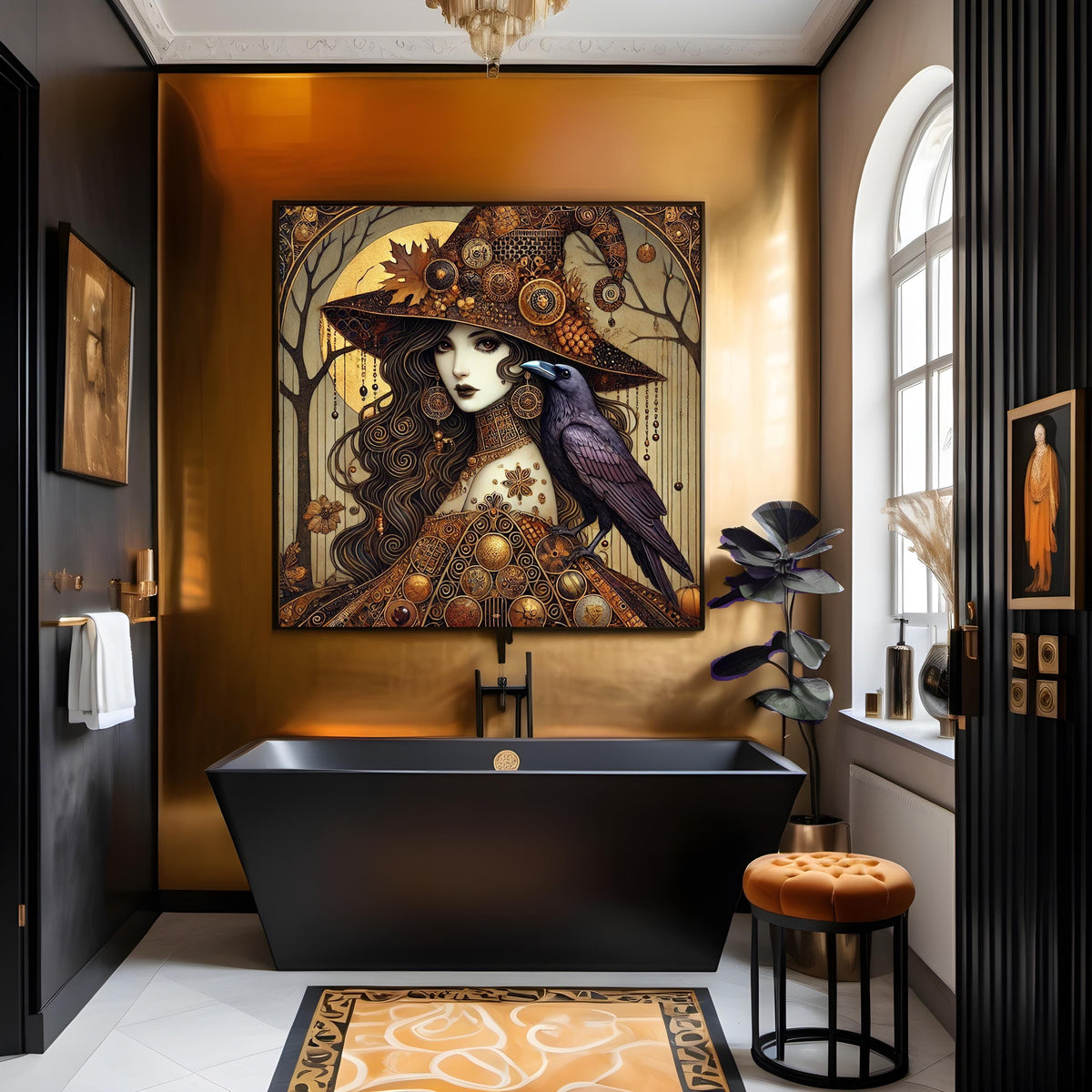Klimt Inspired Halloween Witch Art Nouveau Print: Raven & Gold Filigree (Digital Download)