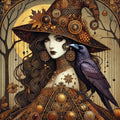 Klimt Inspired Halloween Witch Art Nouveau Print: Raven & Gold Filigree (Digital Download)