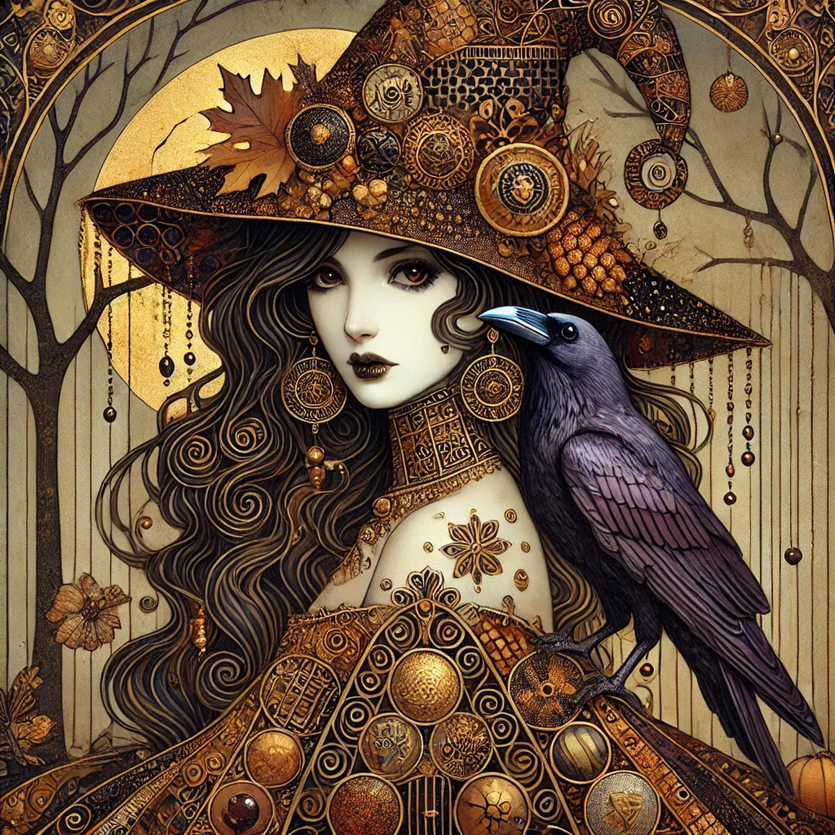 Klimt Inspired Halloween Witch Art Nouveau Print: Raven & Gold Filigree (Digital Download)