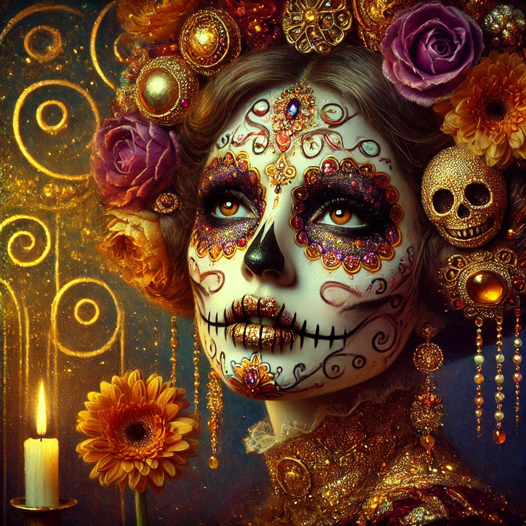 Klimt-Inspired Sugar Skull Art: Gold Floral Dia de los Muertos (Digital Download)