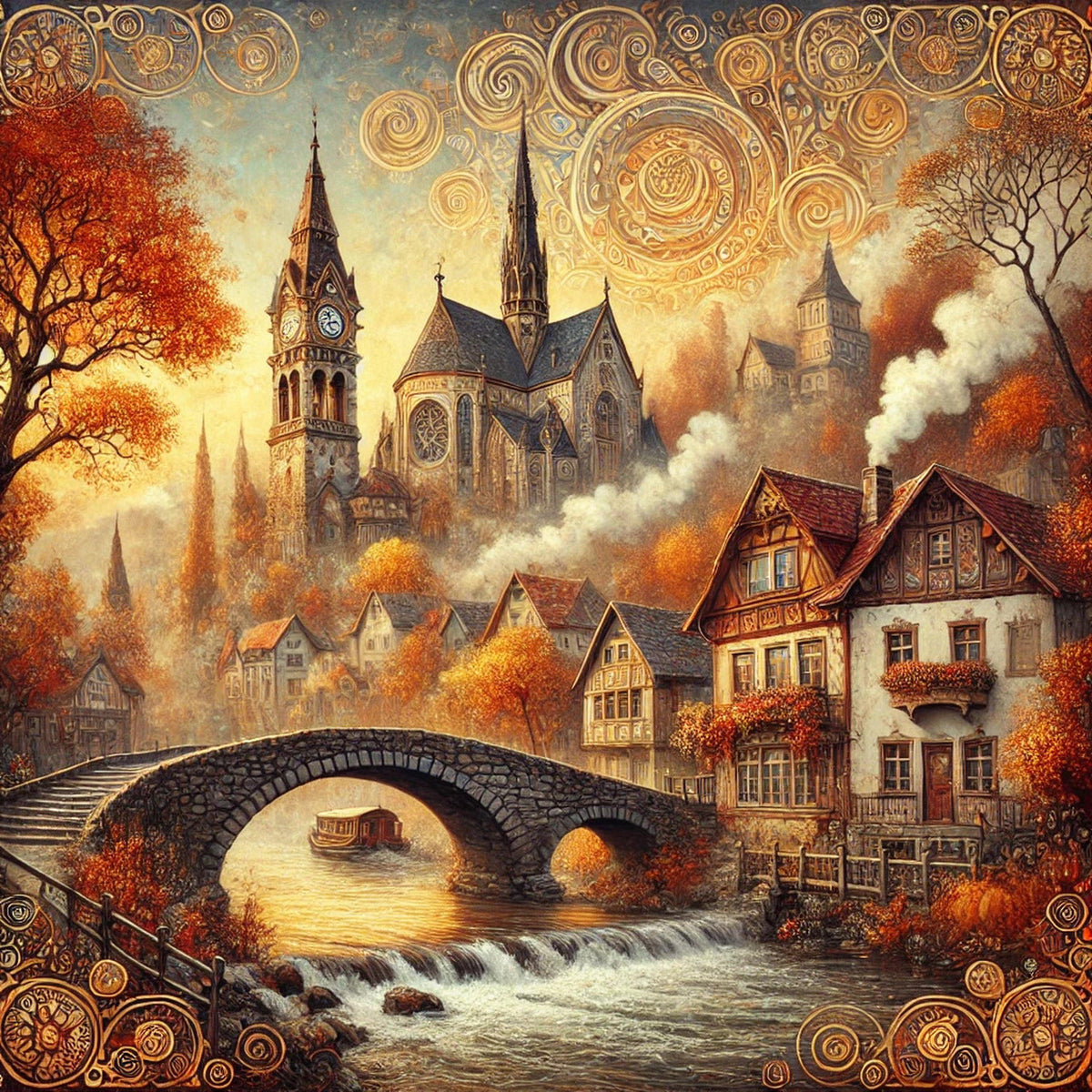 Klimt Inspired Autumn Village Art Nouveau Print: Golden River Scene (Digital Download)