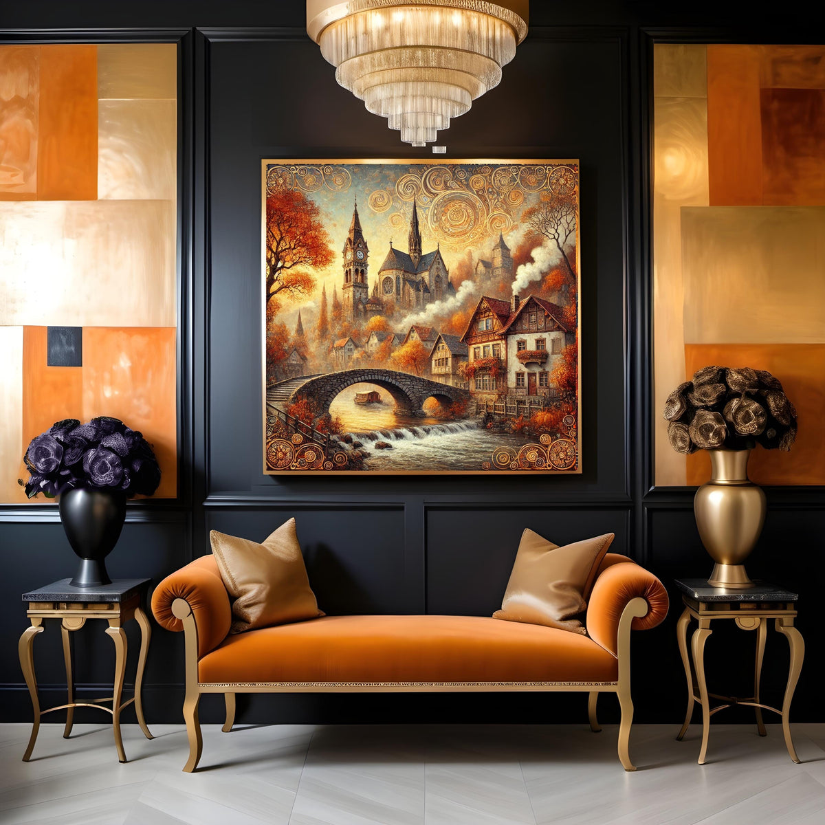 Klimt Inspired Autumn Village Art Nouveau Print: Golden River Scene (Digital Download)