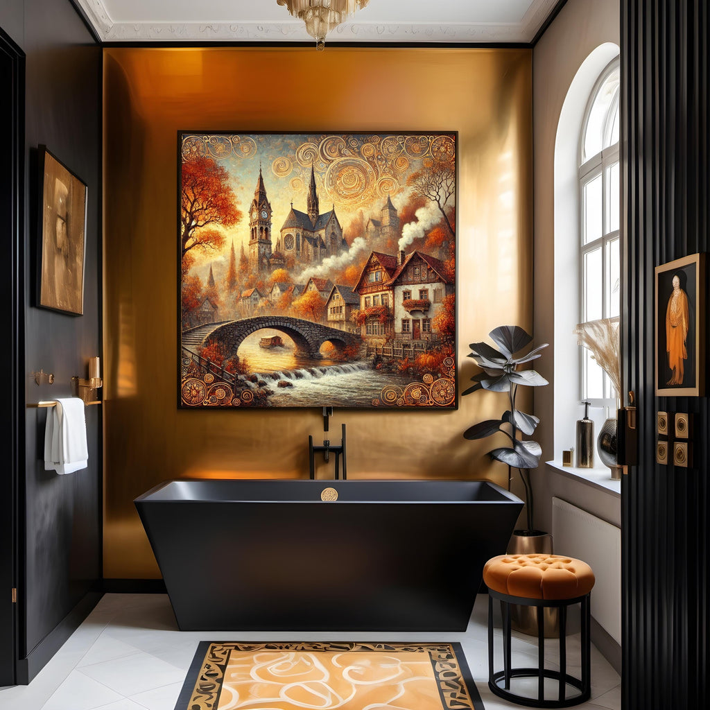 Klimt Inspired Autumn Village Art Nouveau Print: Golden River Scene (Digital Download)