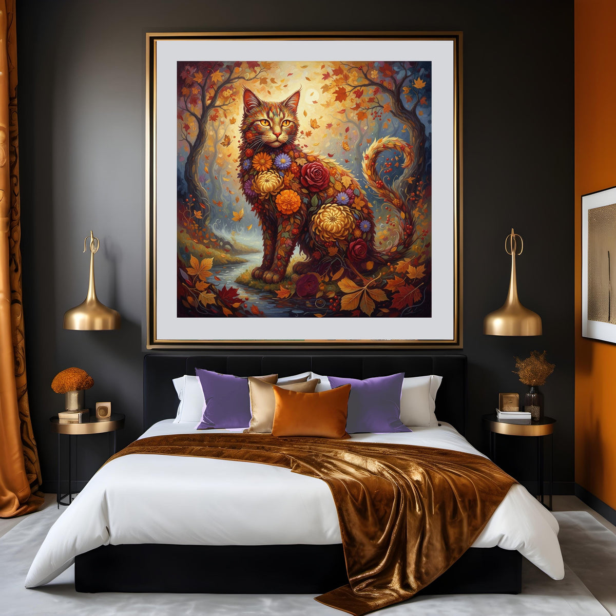 Autumn Floral Cat Print: Vintage Botanical Fall Animal Art (Digital Download)